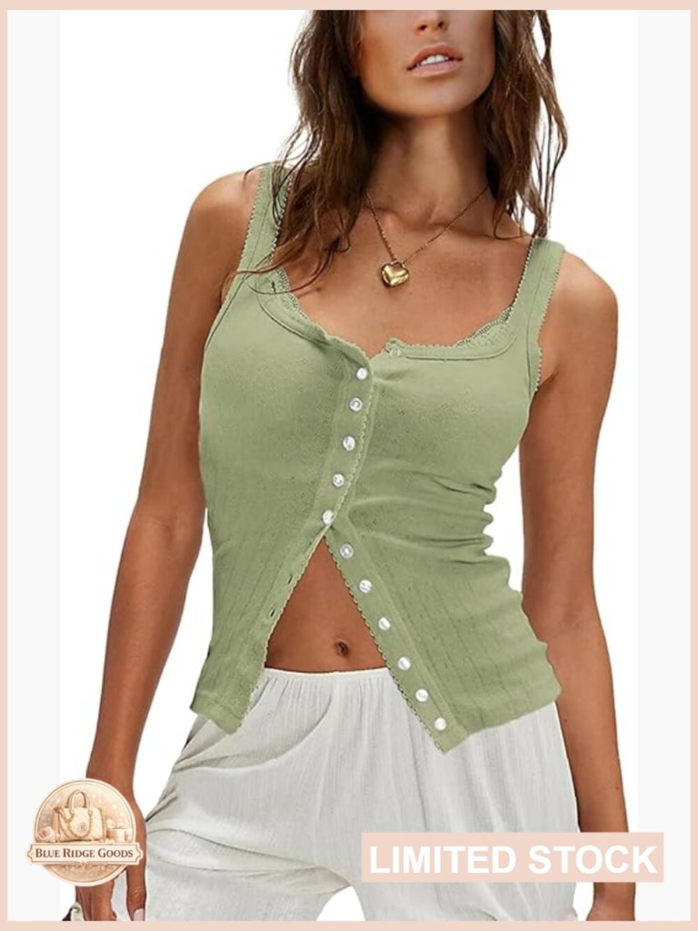 Ribbed Button Down Camisole Cropped Top Scoop Neck Sleeveless Summer Chic